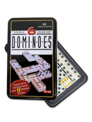 картинка Домино в железном боксе, 6 цветных точек, Partida 19х12 см, костяшка 5х2,5 см от магазина Gamesdealer.ru