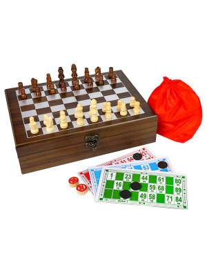 картинка Комплект игр 2 в 1 в деревянном футляре (русское лото, шахматы), 26х19х7 см 