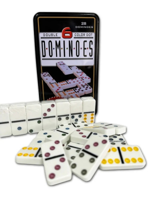 картинка Домино в железном боксе, 6 цветных точек, Partida 19х12 см, костяшка 5х2,5 см от магазина Gamesdealer.ru